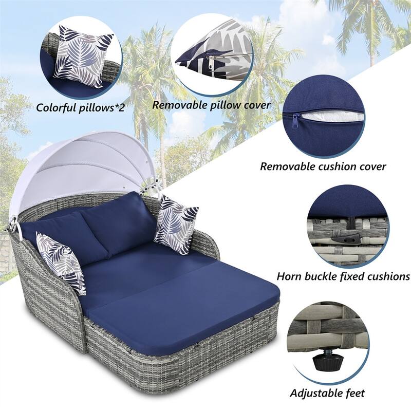 79.9" Outdoor Wicker Double Chaise Lounge Daybed with Canopy, Pillows